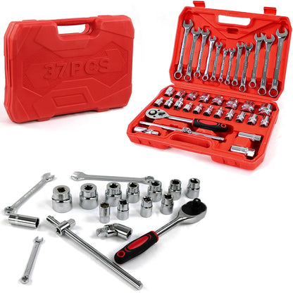 37pcs Spanner Socket Ratchet Wrench Set 1/2" Drive Car Repair Tool Kit Red