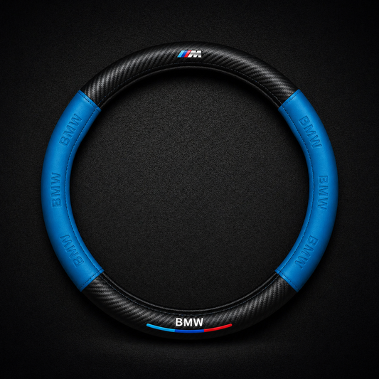 BMW Black And Blue Carbon Fibre+PU Leather Steering Wheel Cover