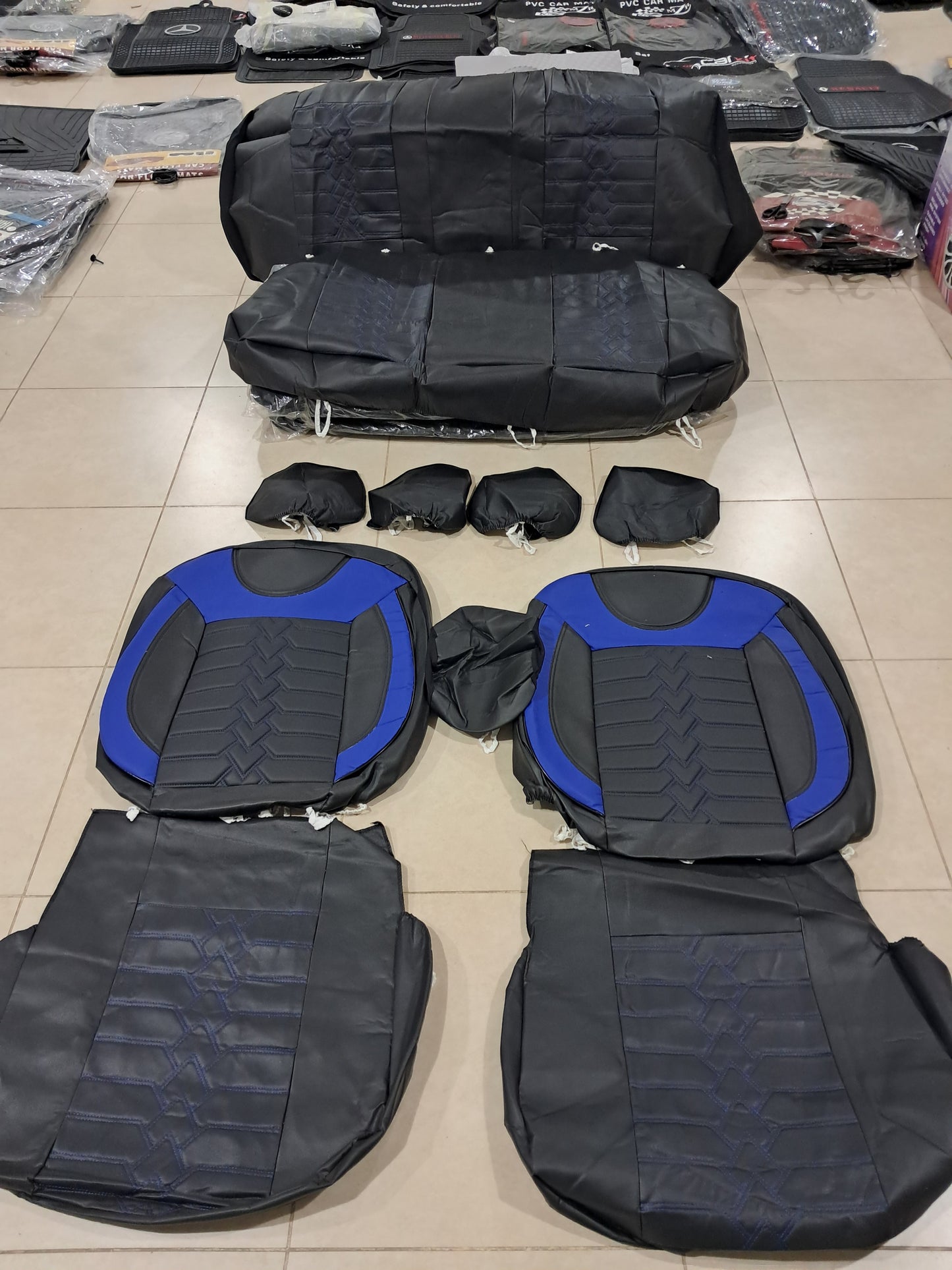 Universal black And Blue Full Car Seat Cover Set – Premium Leather Design with Foam Padding (Complete Interior Protection)