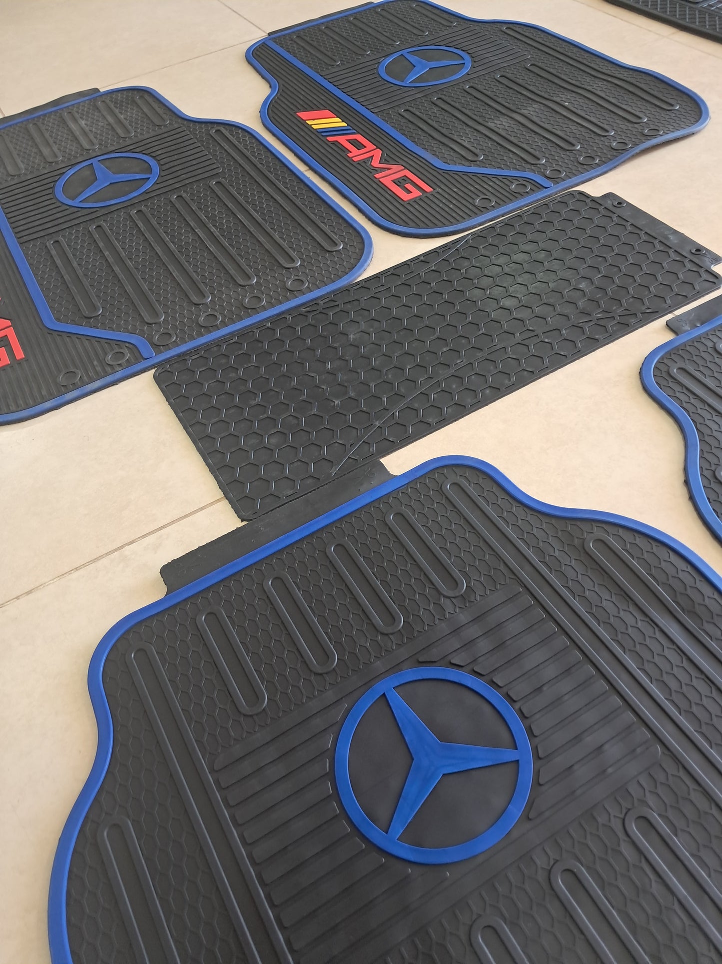 Mercedes AMG 5 Pcs Luxury Rubber Car Floor Mats Set – Sport Edition Blue Trim