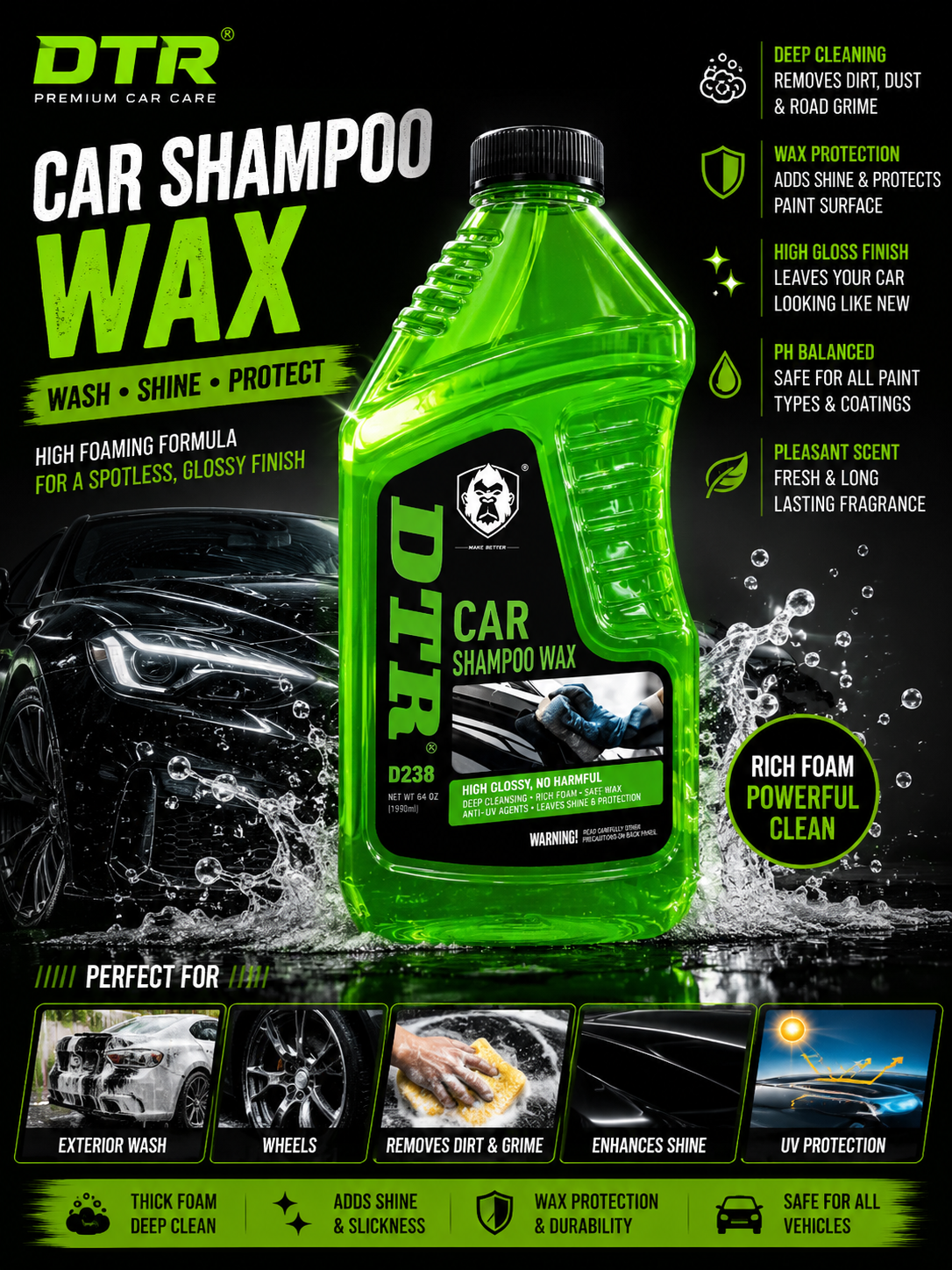 DTR High Foam Car Shampoo Wax – Deep Clean Gloss Protection Formula 1000ML