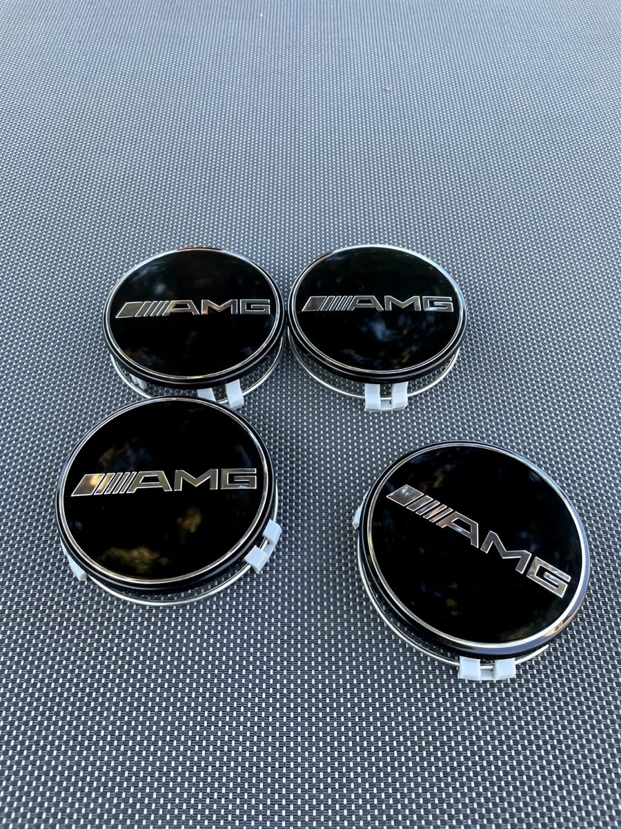 MERCEDES BENZ AMG SET OF 4 BLACK 75 mm/2.95in Wheel Center Caps Fits Most Models