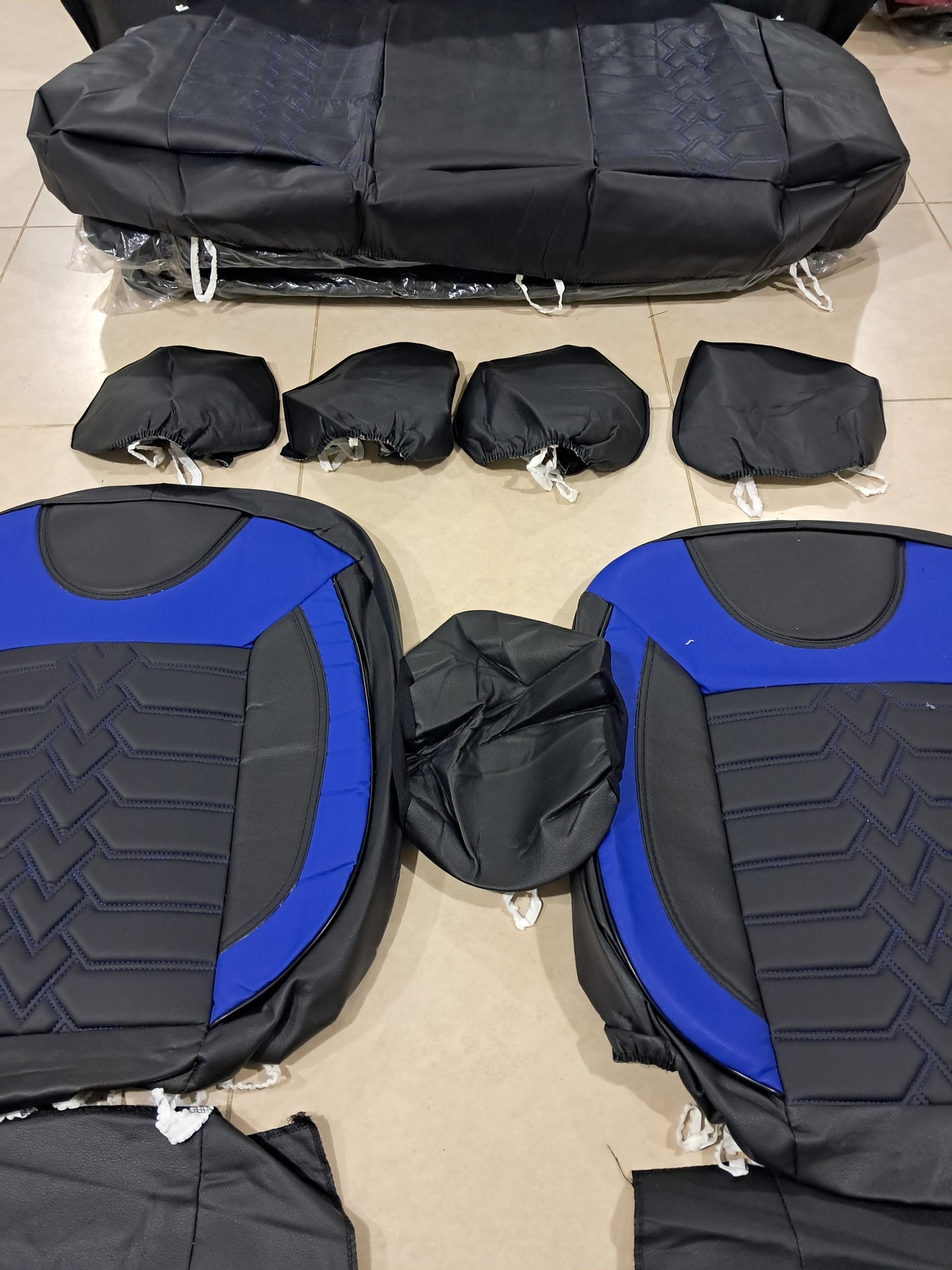 Universal black And Blue Full Car Seat Cover Set – Premium Leather Design with Foam Padding (Complete Interior Protection)