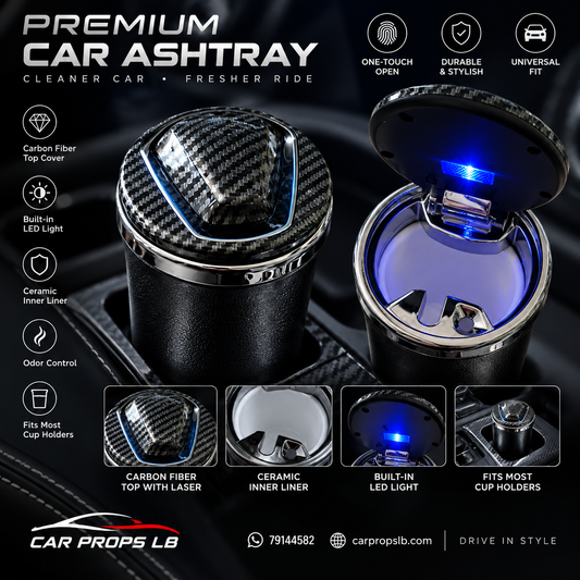 Premium Carbon Fiber Car Ashtray with LED Light & Ceramic Interior