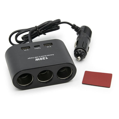 3-Socket Cigarette Lighter Adapter with 2 USB Ports