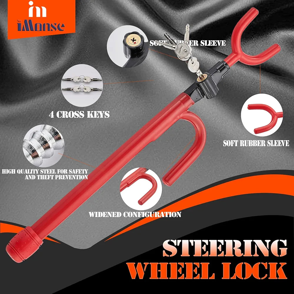 Steering Wheel Lock for Car,Security Wheel Lock Anti Theft Car Locking Device Fit for Cars Trucks Vans and SUVs, Heavy Duty & Lengthened Red