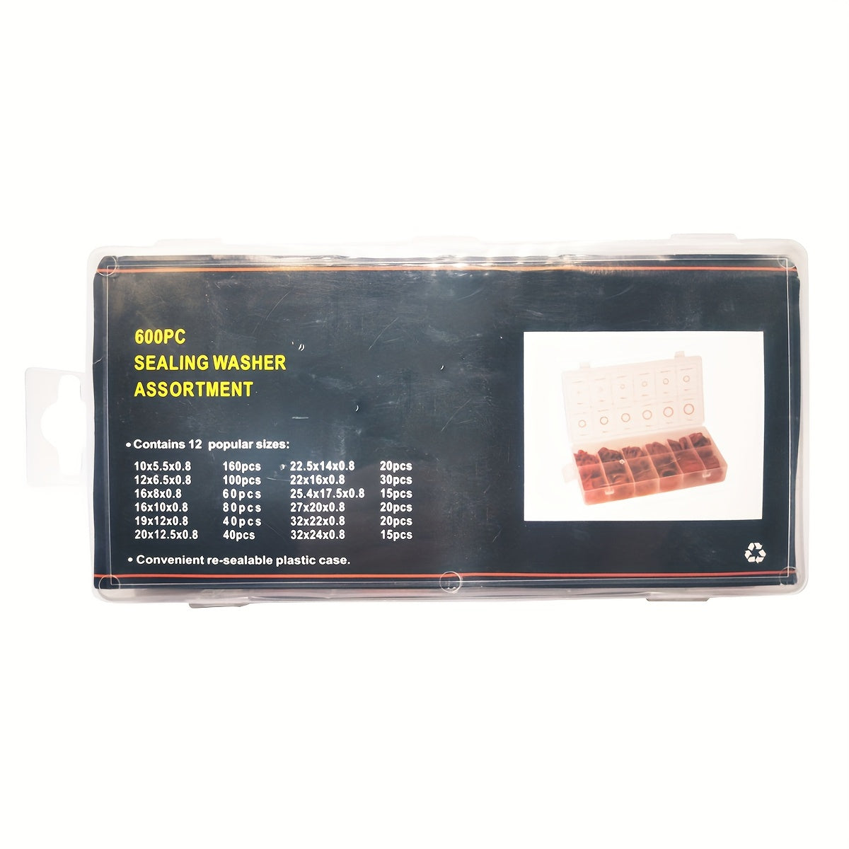 600 Pcs 12 Sizes Red Steel Paper Fiber Washers, Insulation Tray Mixed with Plastic Box (600pcs)