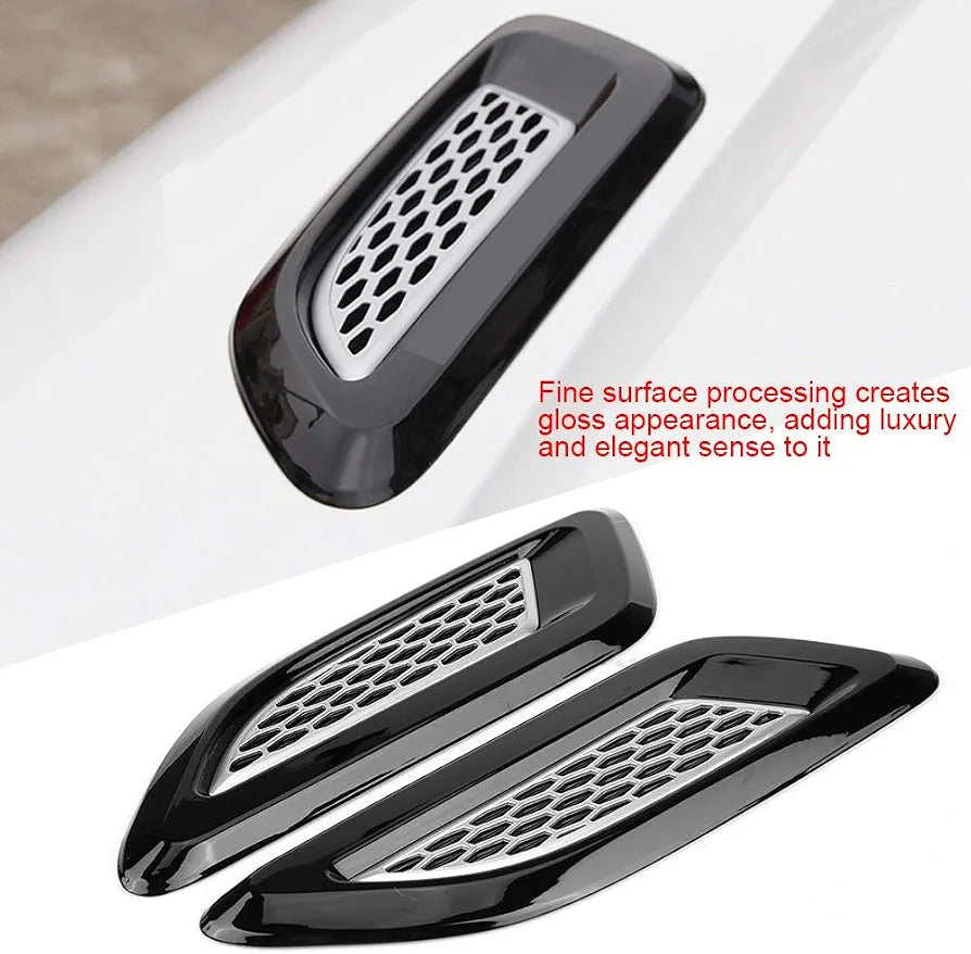 Hood Vents, Exterior Hood Air Vent Outlet Wing Trim (Black & Silver)