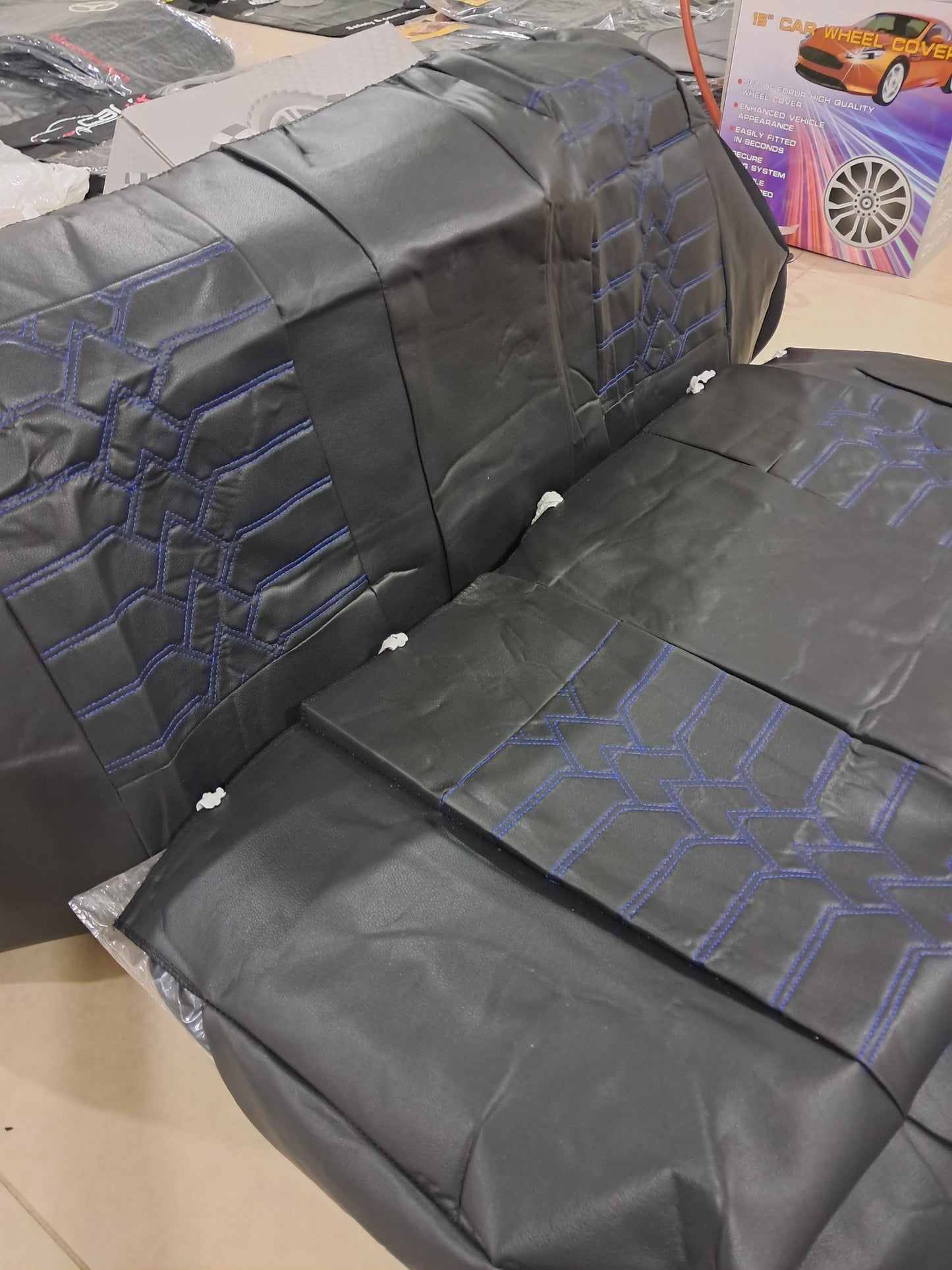 Universal black And Blue Full Car Seat Cover Set – Premium Leather Design with Foam Padding (Complete Interior Protection)