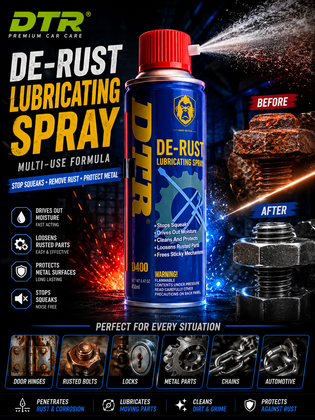 DTR De-Rust Lubricating Spray D400 – Multi-Use Anti Rust Spray