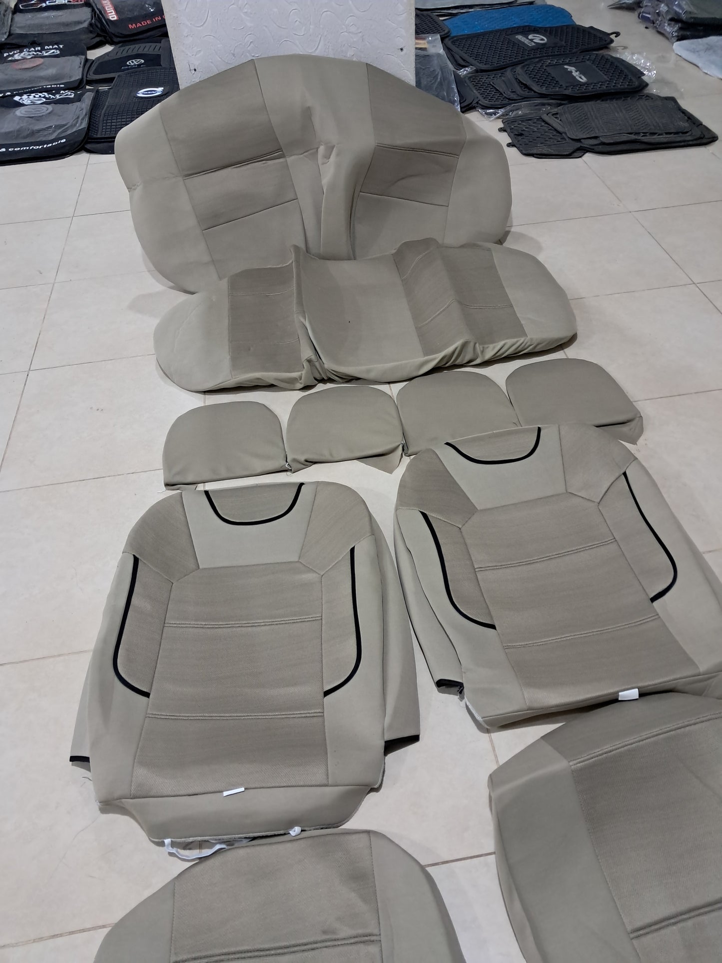 Full Car Seat Cover Set – Fabric with Foam Padding, Beige with Black Lines (Universal Fit)