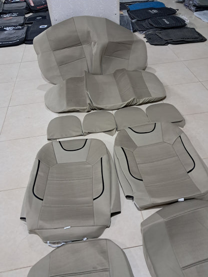Full Car Seat Cover Set – Fabric with Foam Padding, Beige with Black Lines (Universal Fit)