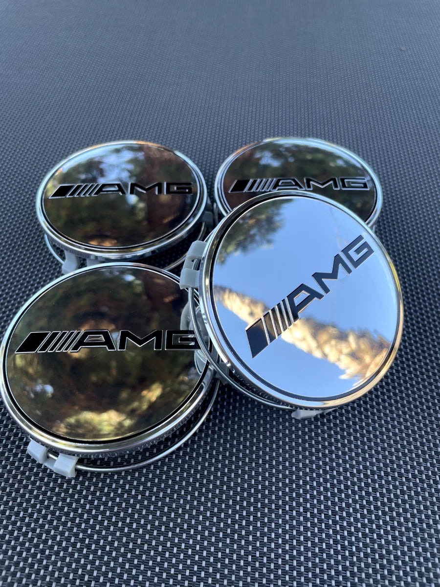 MERCEDES BENZ AMG SET OF 4 CHROME 75 mm Wheel Center Caps Fits Most Model