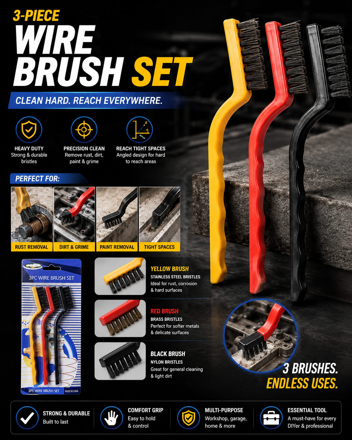 Small Wire Cleaning Brush Set with Plastic Handle, 3 Pieces - Multi Color