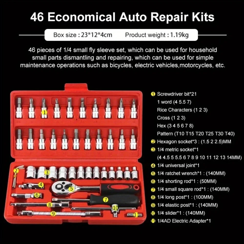 46pcs Car Repair Tool Kit 1/4-Inch Socket Set Car Repair Tool Ratchet Torque