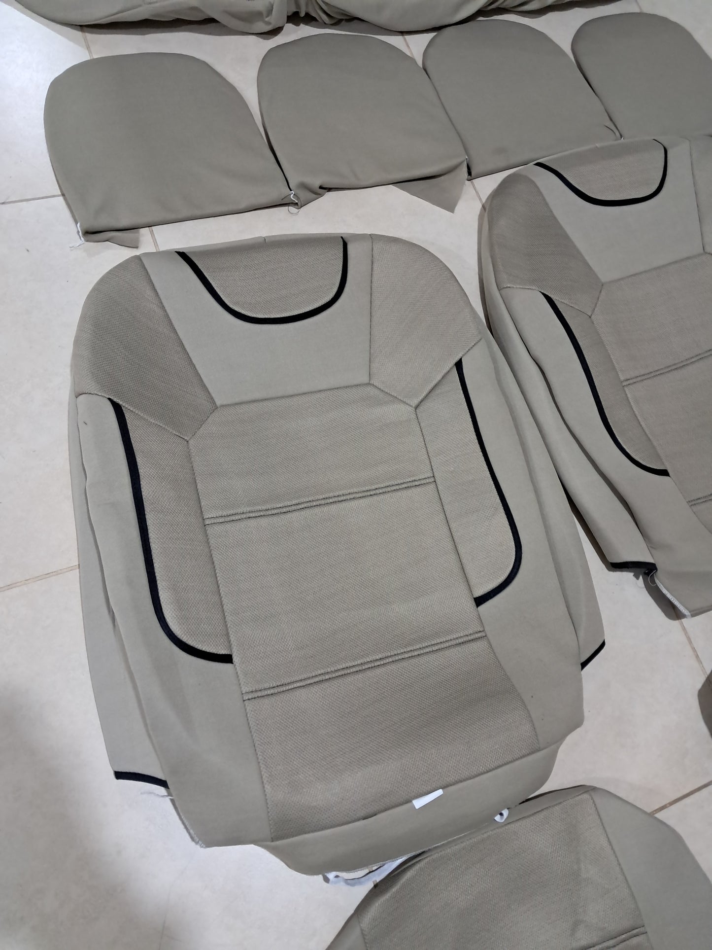 Full Car Seat Cover Set – Fabric with Foam Padding, Beige with Black Lines (Universal Fit)