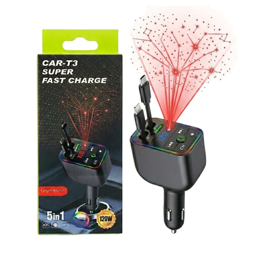 CAR-T6 5-in-1 Car Charger – 120W Super Fast Charge, FM Transmitter, Built-in Cables, RGB LED