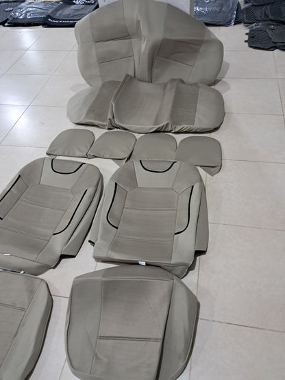 Full Car Seat Cover Set – Fabric with Foam Padding, Beige with Black Lines (Universal Fit)