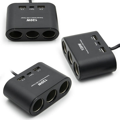 3-Socket Cigarette Lighter Adapter with 2 USB Ports