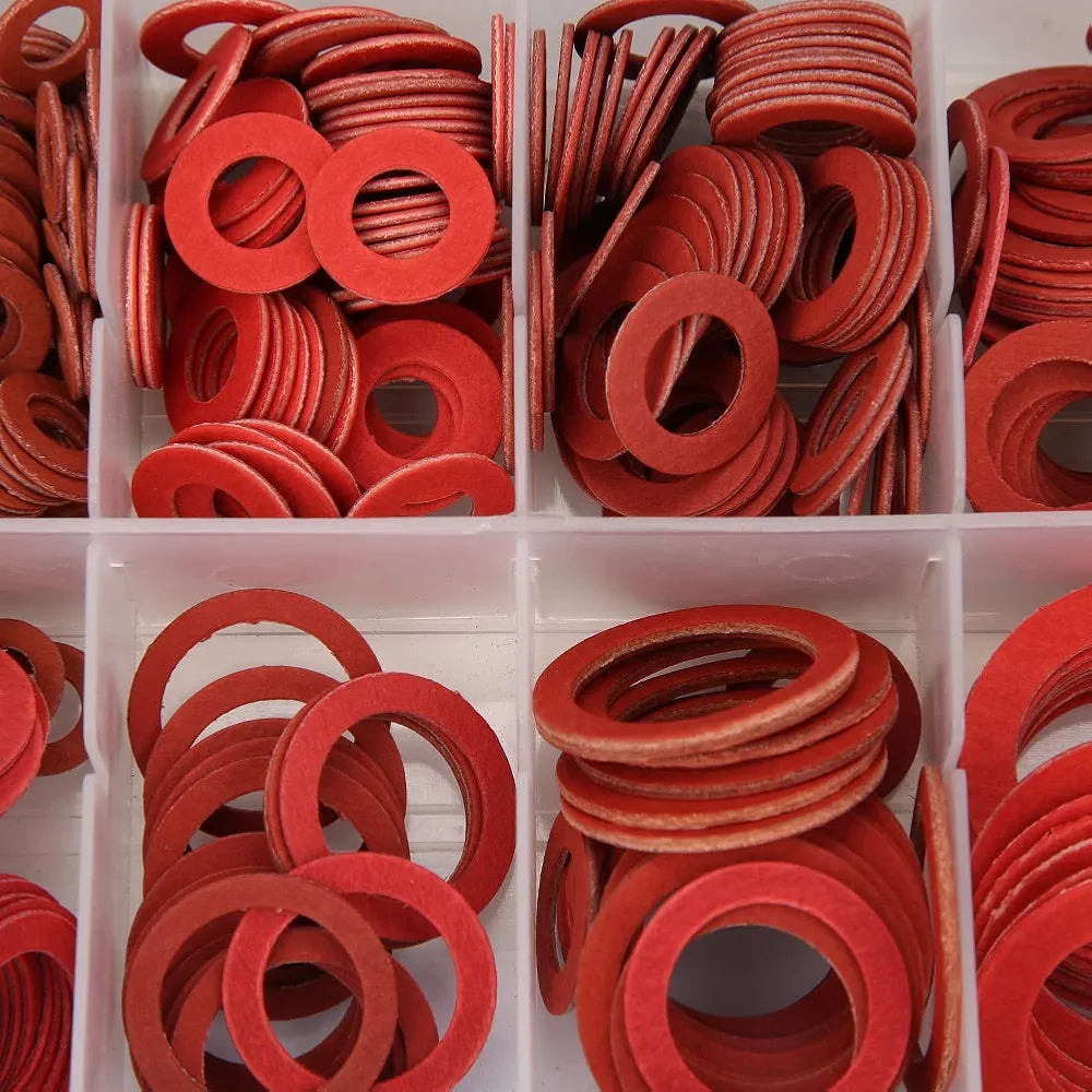 600 Pcs 12 Sizes Red Steel Paper Fiber Washers, Insulation Tray Mixed with Plastic Box (600pcs)