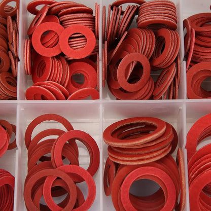 600 Pcs 12 Sizes Red Steel Paper Fiber Washers, Insulation Tray Mixed with Plastic Box (600pcs)