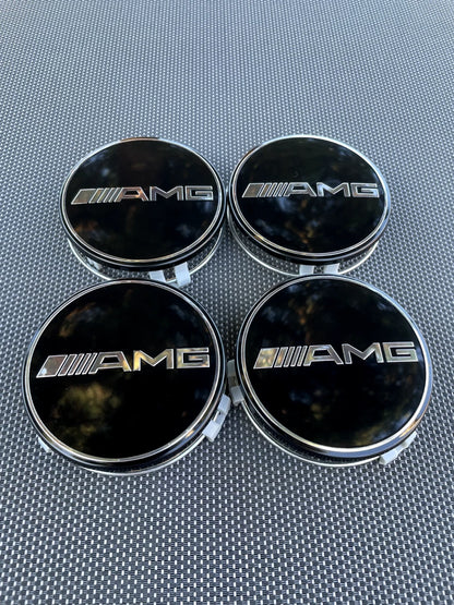 MERCEDES BENZ AMG SET OF 4 BLACK 75 mm/2.95in Wheel Center Caps Fits Most Models