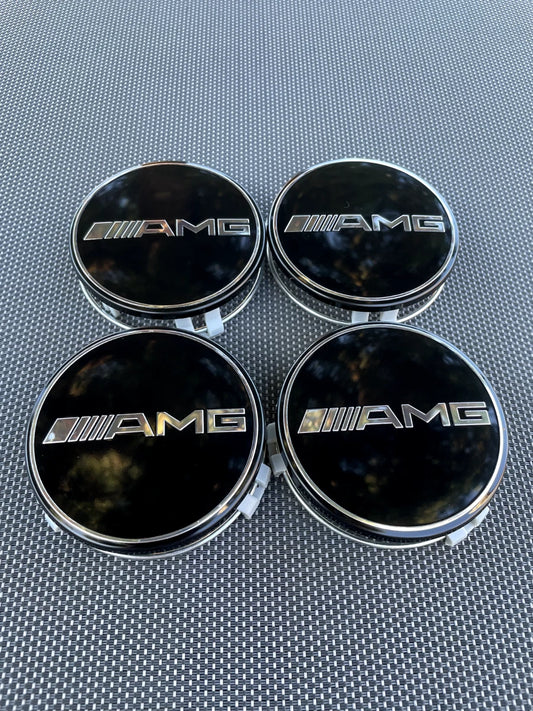 MERCEDES BENZ AMG SET OF 4 BLACK 75 mm/2.95in Wheel Center Caps Fits Most Models