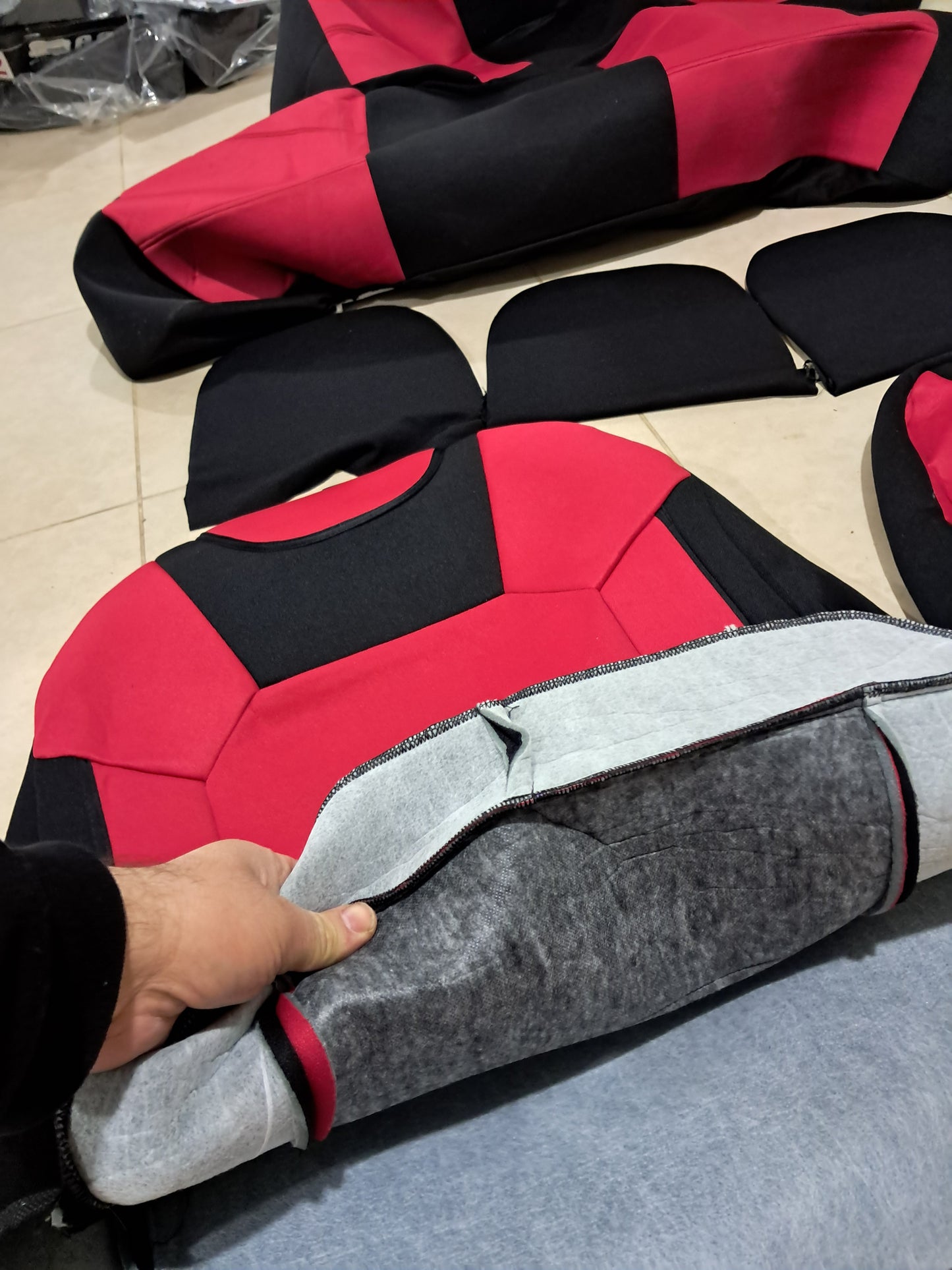 Universal Red And Black Car Seat Cover Set – Fabric with Foam Padding (Full Set + 4 Headrest Covers)