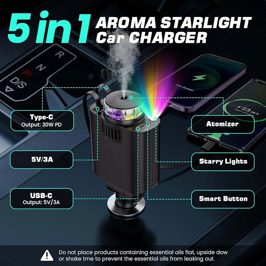 Starlight Car Charger,45W Fast Charging Adapter,5 in 1 Retractable Starry Stars Projection Car Chargers,Charger Adapter Cars Aromatherapy Diffuser for Essential Oils, Cars USB Cable
