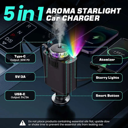 Starlight Car Charger,45W Fast Charging Adapter,5 in 1 Retractable Starry Stars Projection Car Chargers,Charger Adapter Cars Aromatherapy Diffuser for Essential Oils, Cars USB Cable