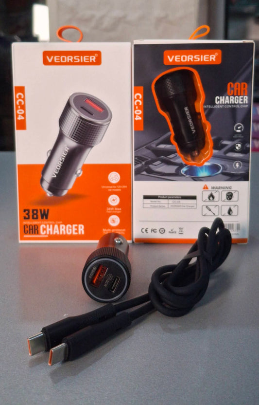 VEORSIER CC-04 38W Car Charger – Dual Port USB + Type-C Fast Charging, Built-in Type-C Cable