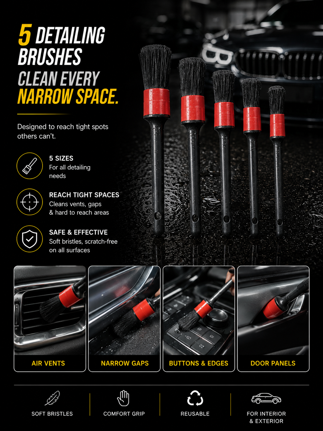Detailing Brush Set -5 Different Sizes Premium Natural Boar Hair Mixed Fiber Plastic Handle Automotive Detail Brushes for Cleaning Wheels, Engine, Interior, Air Vents, Car, Motorcy