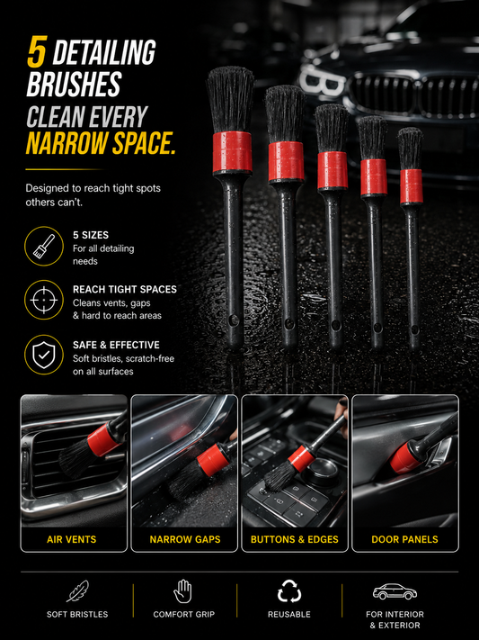 Detailing Brush Set -5 Different Sizes Premium Natural Boar Hair Mixed Fiber Plastic Handle Automotive Detail Brushes for Cleaning Wheels, Engine, Interior, Air Vents, Car, Motorcy