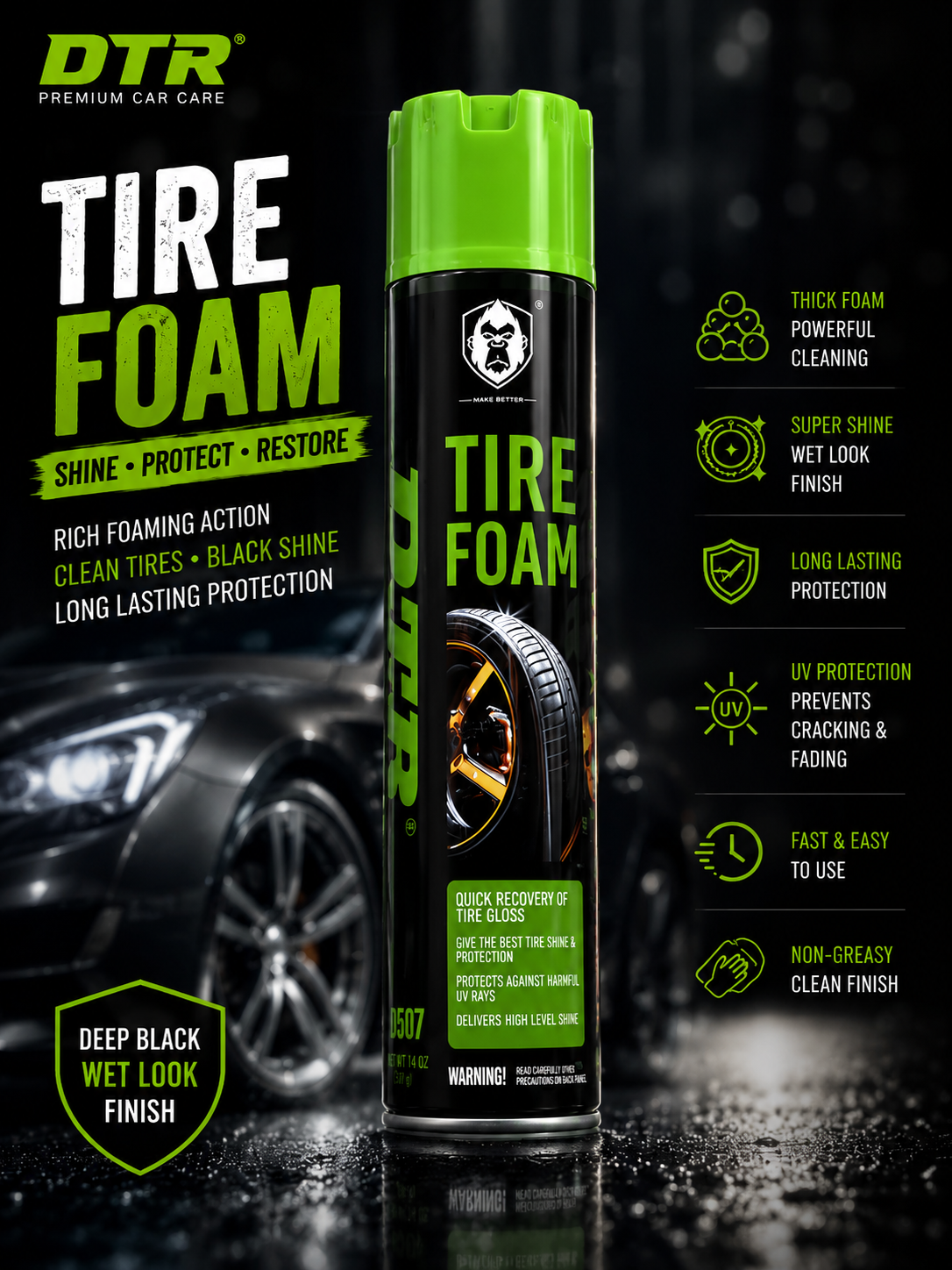 DTR Tire Foam Cleaner & Shine Spray – Deep Black Wet Look Formula 400ML