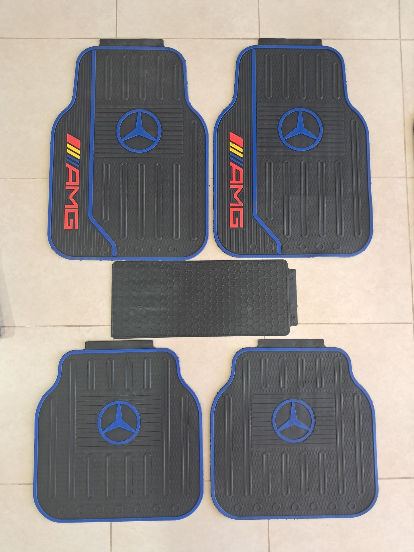 Mercedes AMG 5 Pcs Luxury Rubber Car Floor Mats Set – Sport Edition Blue Trim