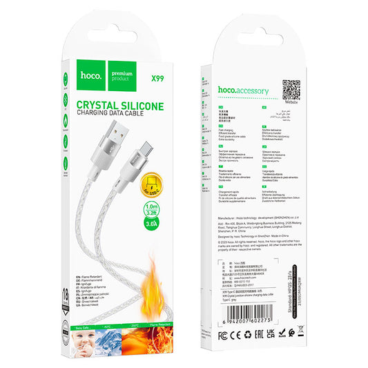 HOCO X99 Crystal Silicone USB to Type-C Cable – 3A Fast Charging, 1M Durable Transparent Design