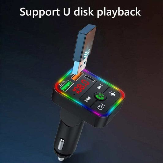 Bleutooth FM Transmitter F2 , MP3 Player with USB Flash Drive, Multi-Color Ambient Lighting, Dual USB 3.1 Type-C Fast Charger, and FM.